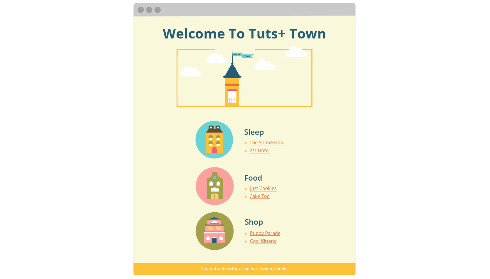 Illustrated preview of Tuts Town site