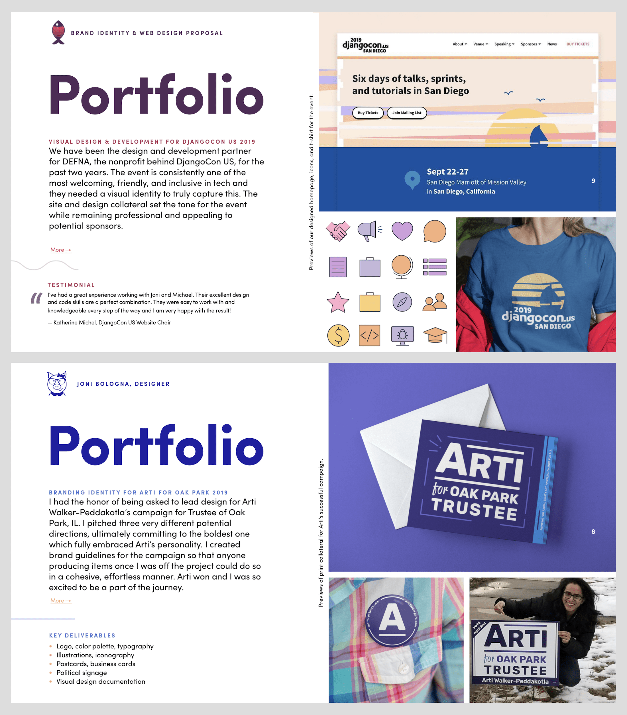 Examples of two portfolio pieces shared within a proposal deck